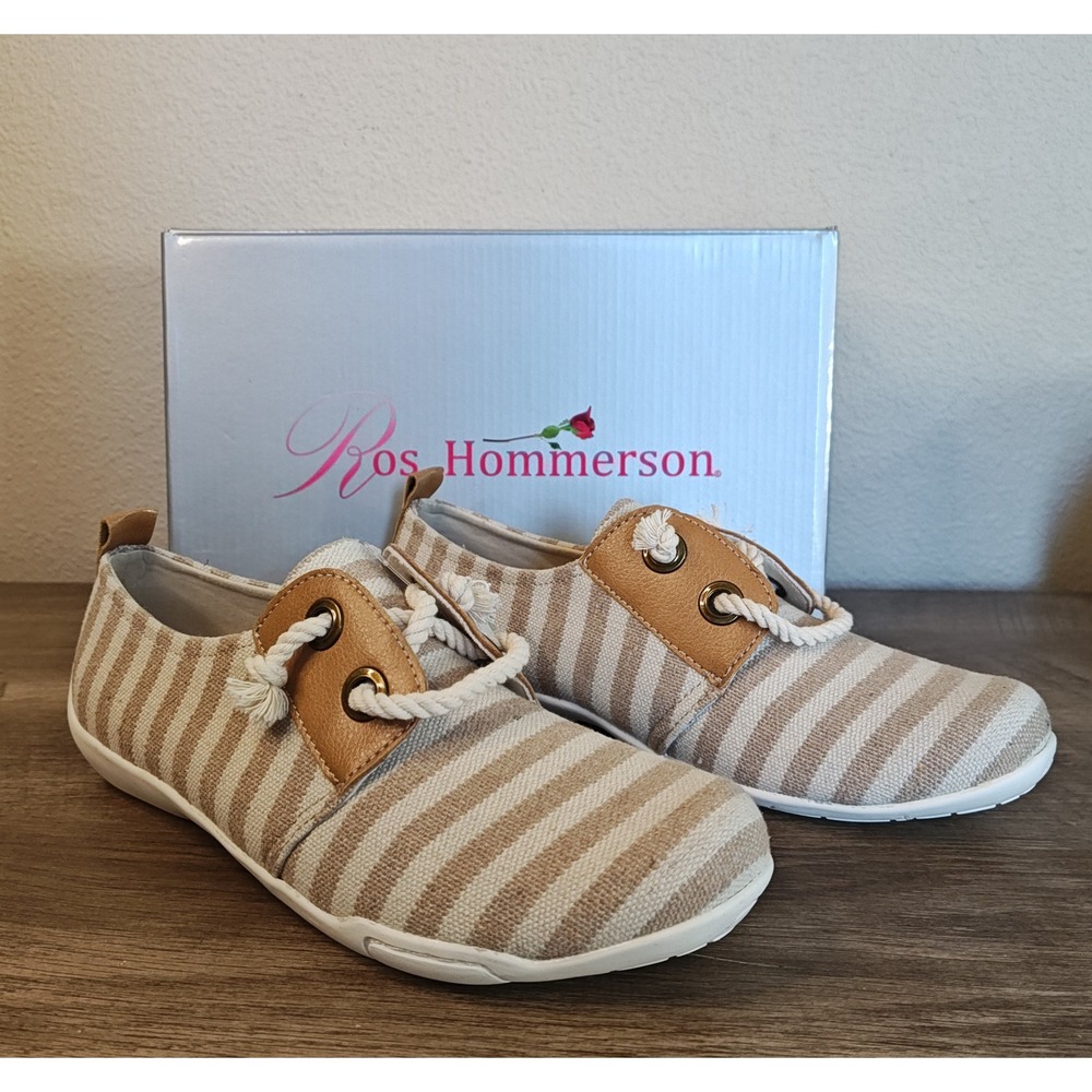 Ros Hommerson Calypso Womens 8M Striped Canvas Shoe Casual Slip On Tan White